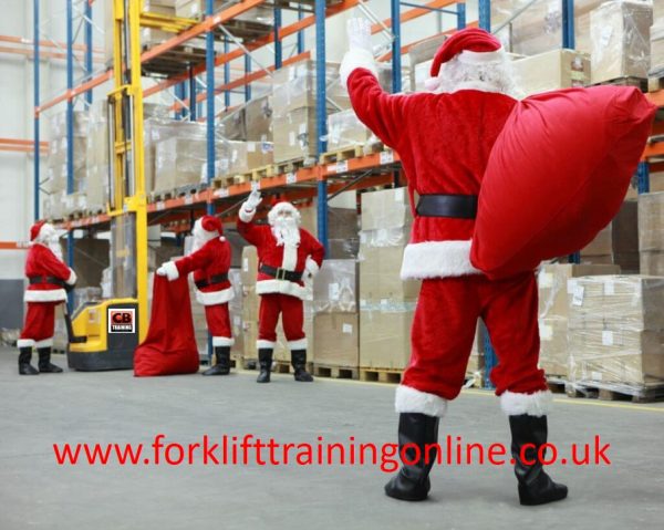 christmas forklift truck, christmas in a warehouse